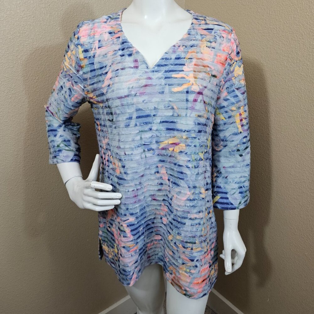 SOFT SURROUNDINGS  V-neck Floral 3/4 Sleeved Striped Tunic Top~Size L